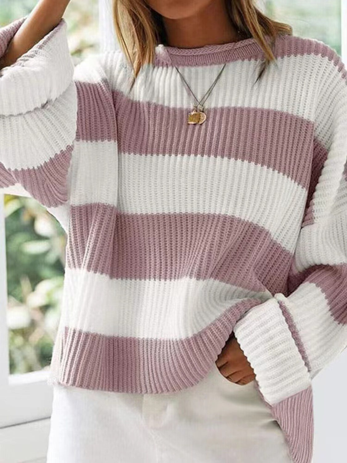 Round Neck Long Sleeve Sweater - Dusty Pink / S