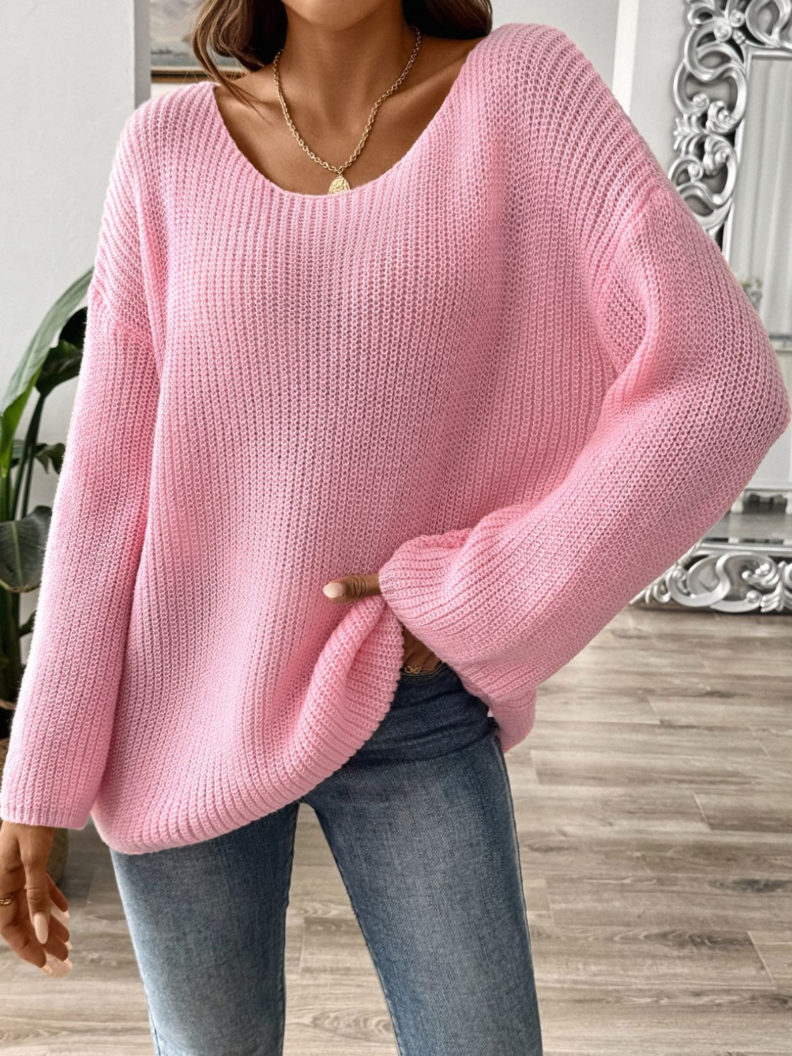 Round Neck Long Sleeve Sweater - Dusty Pink / S