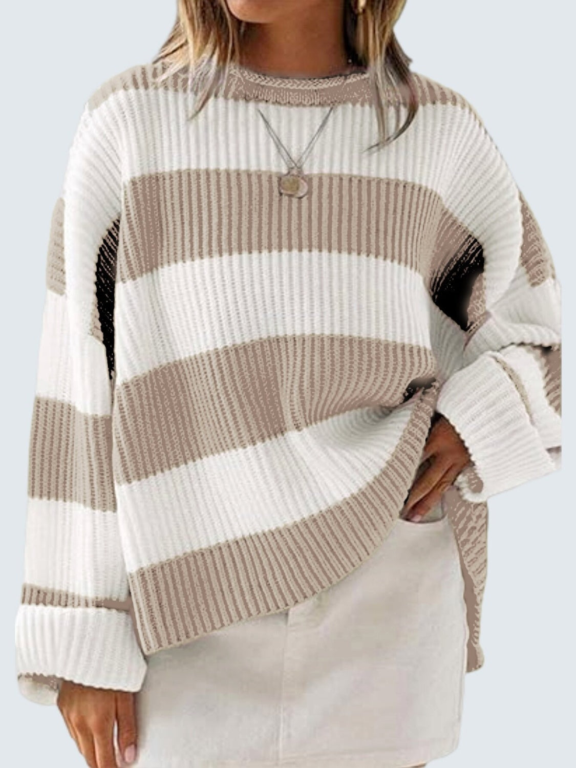 Round Neck Long Sleeve Sweater - Khaki / S