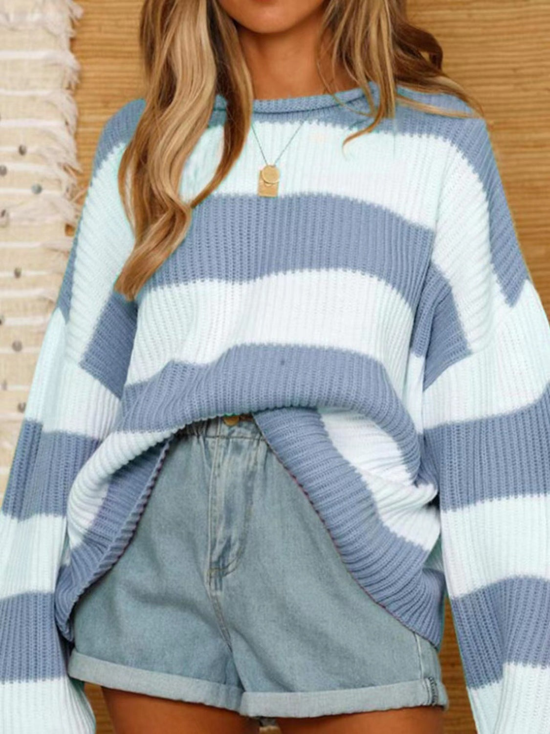 Round Neck Long Sleeve Sweater - Light Blue / S