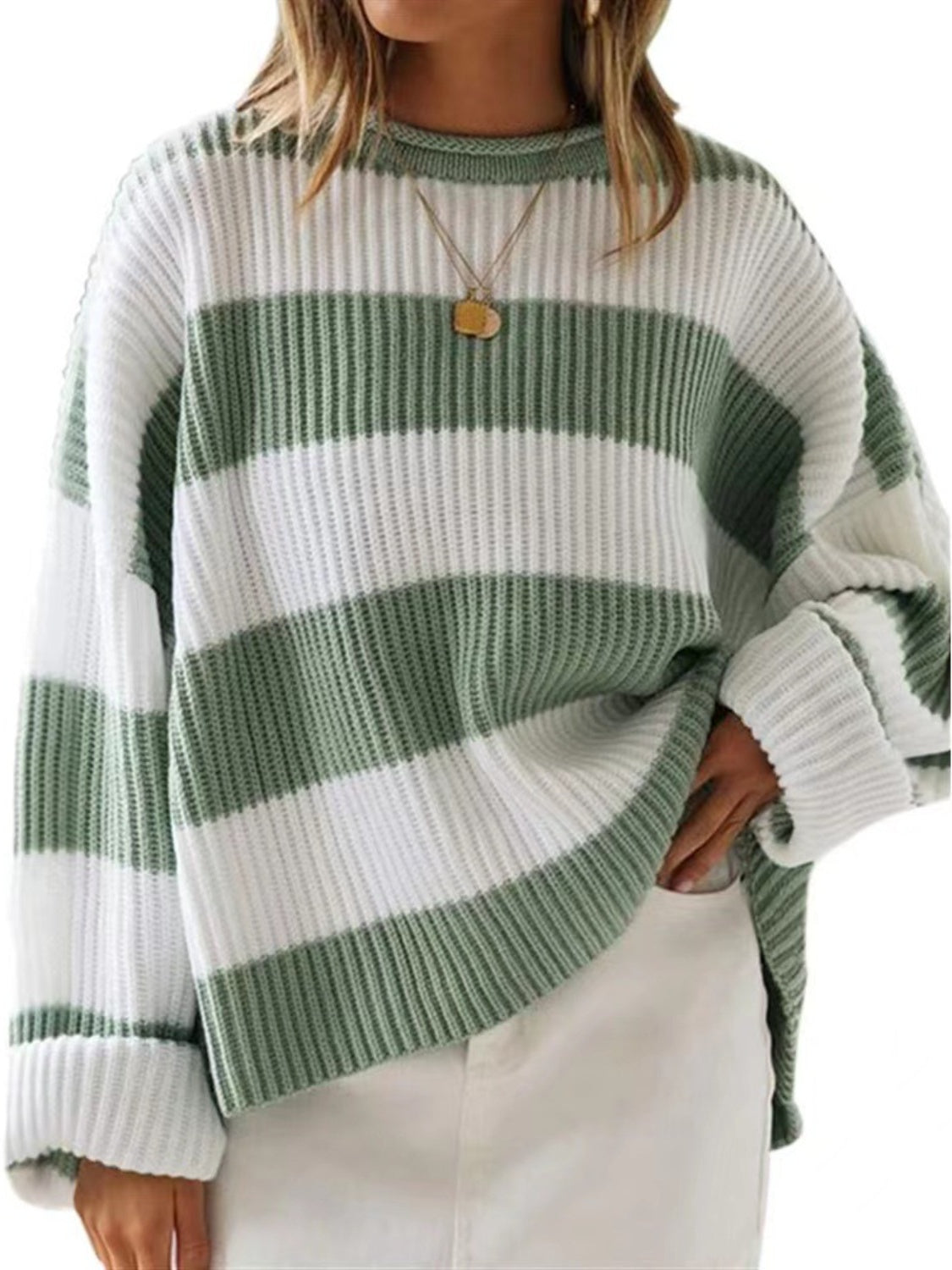 Round Neck Long Sleeve Sweater - Sage / S