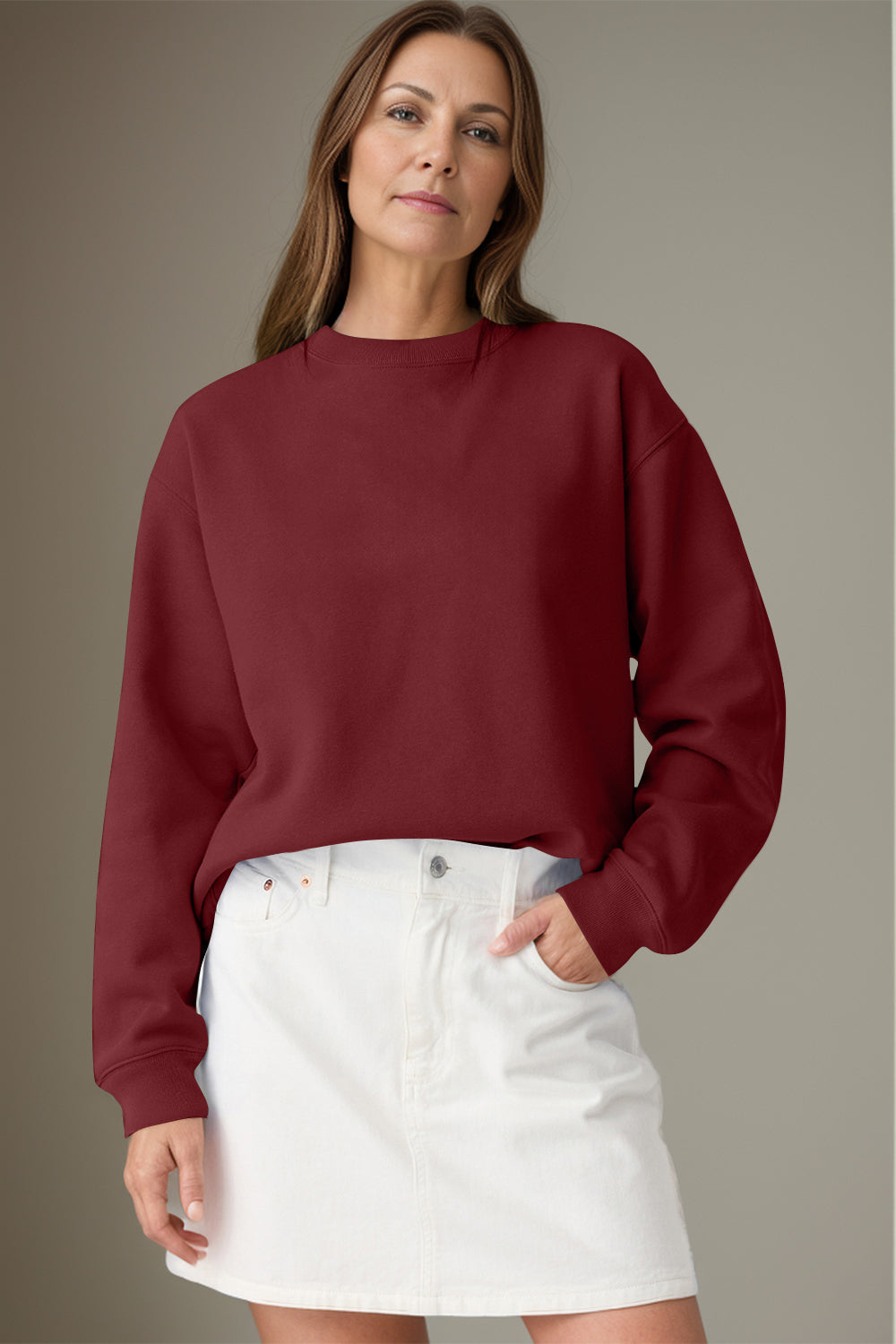 Round Neck Long Sleeve Sweatshirt - Burgundy / S