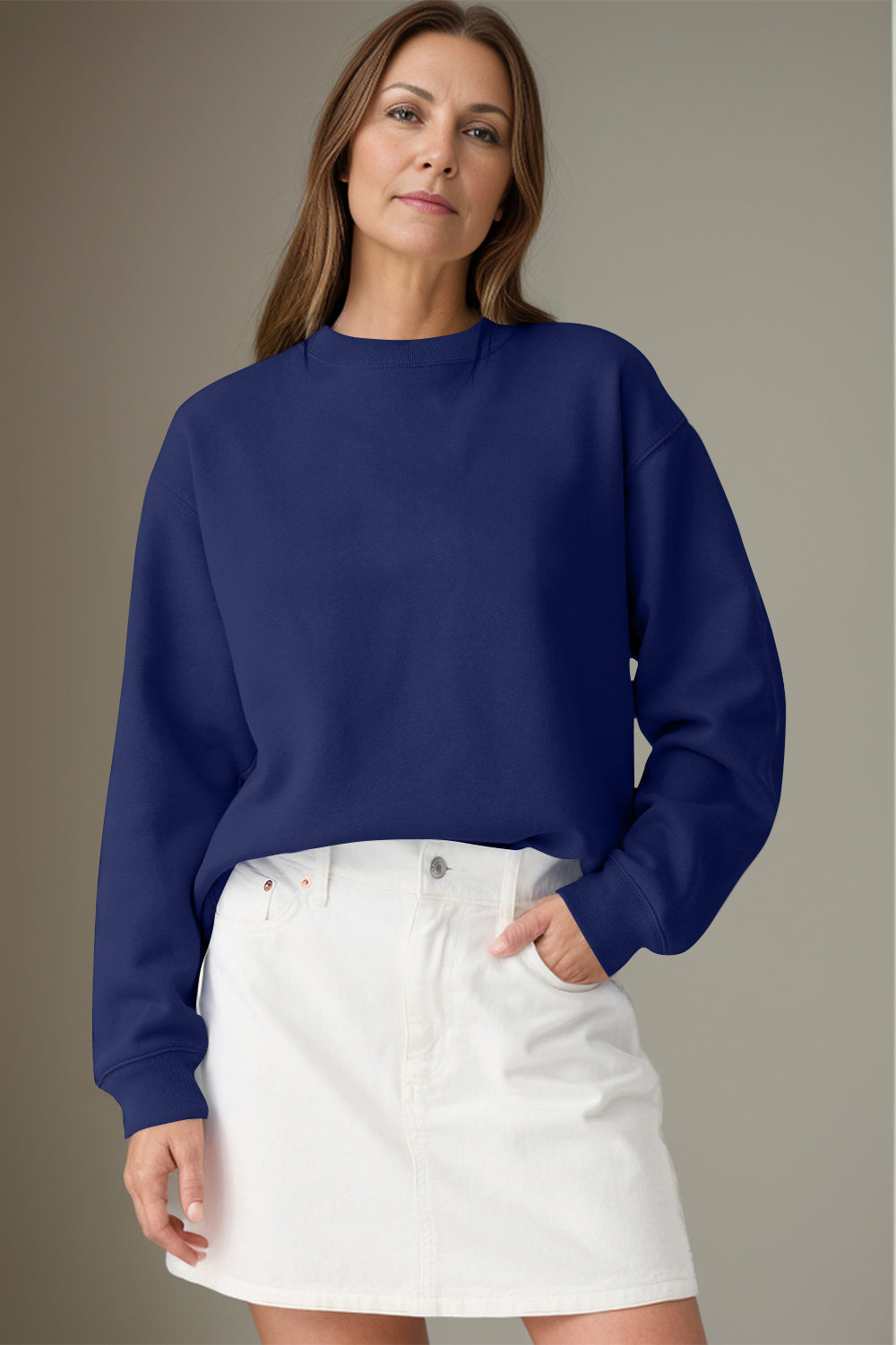 Round Neck Long Sleeve Sweatshirt - Dark Navy / S