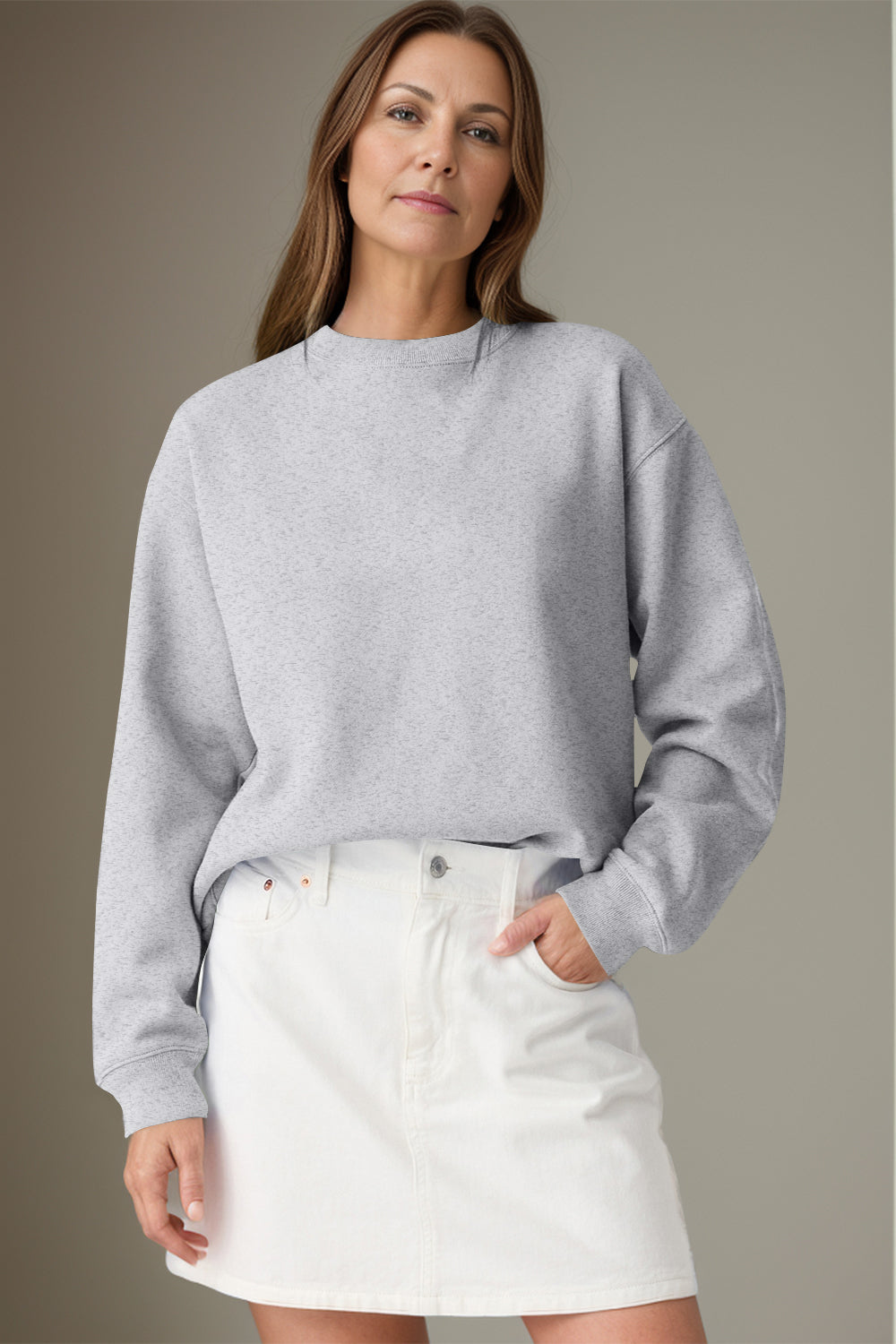 Round Neck Long Sleeve Sweatshirt - Light Gray / S