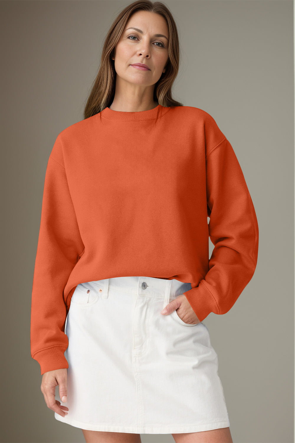 Round Neck Long Sleeve Sweatshirt - Orange / S