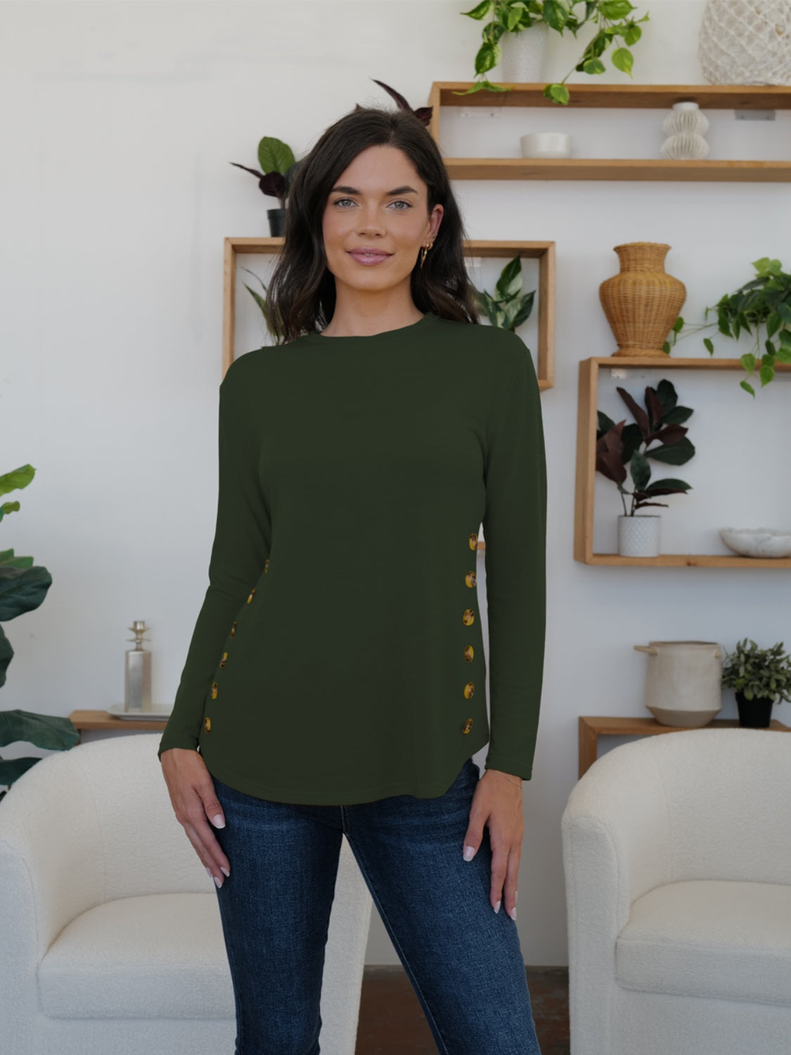 Round Neck Long Sleeve T-Shirt - Army Green / S