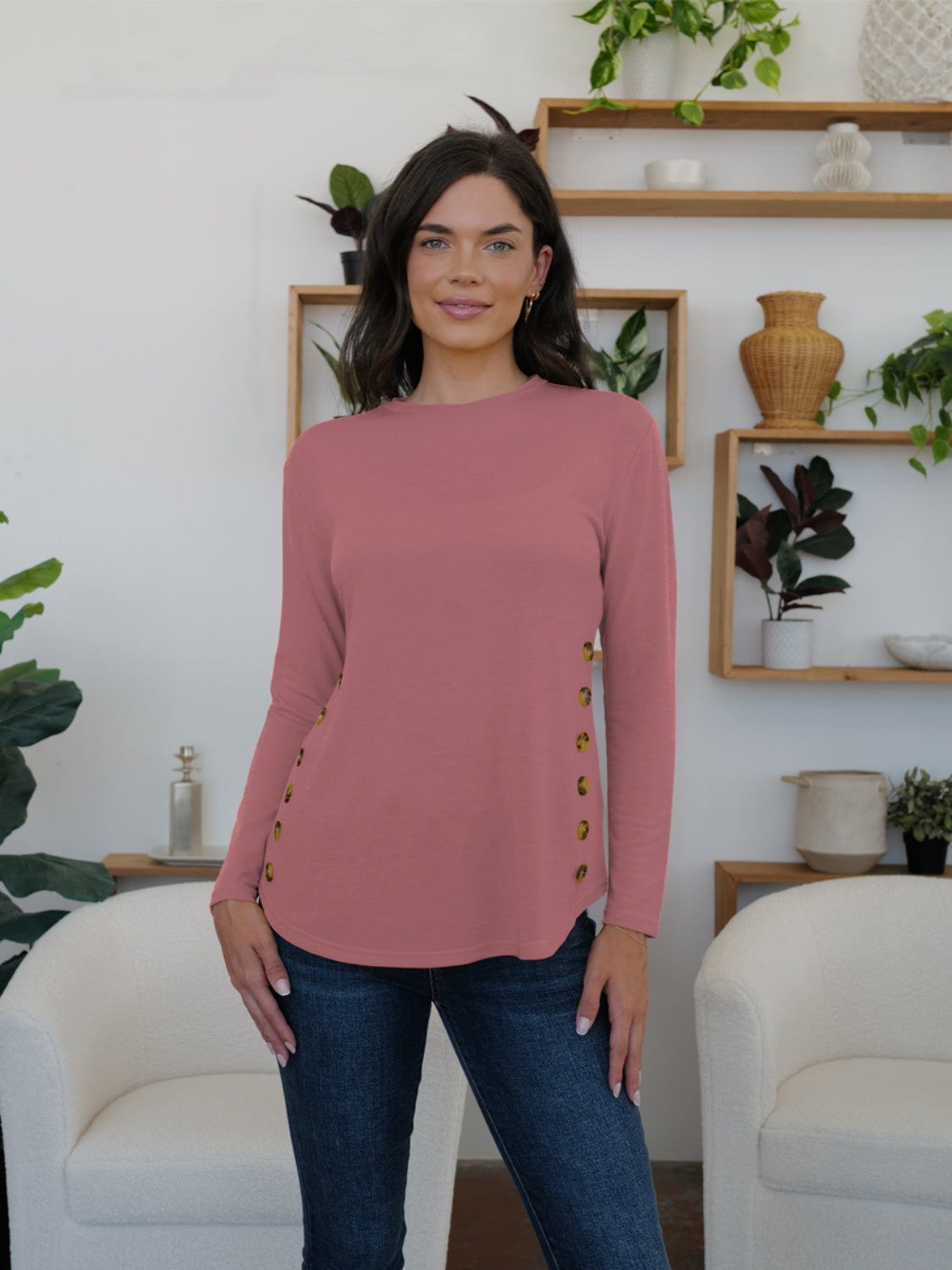 Round Neck Long Sleeve T-Shirt - Dusty Pink / S