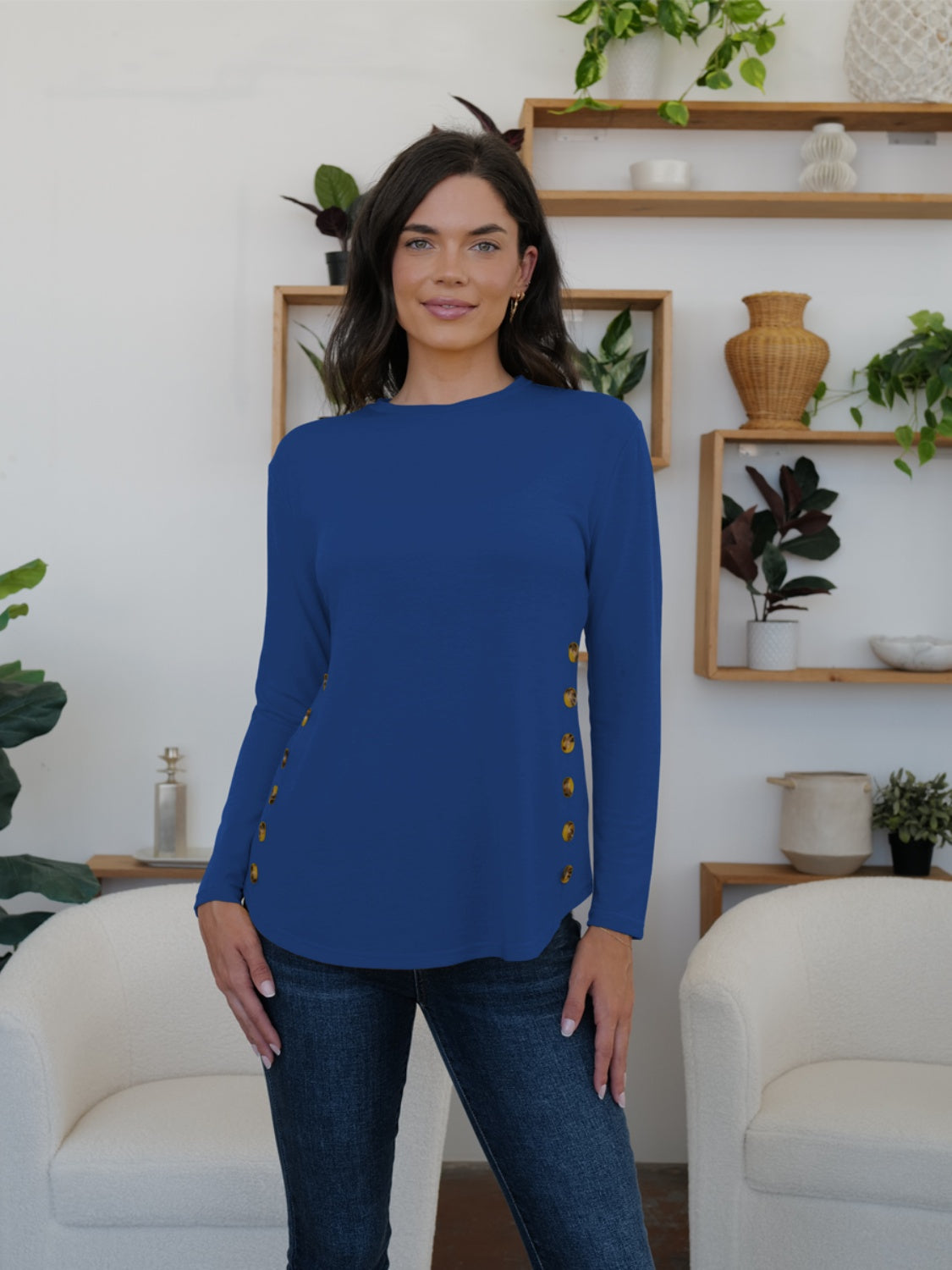 Round Neck Long Sleeve T-Shirt - Navy / S