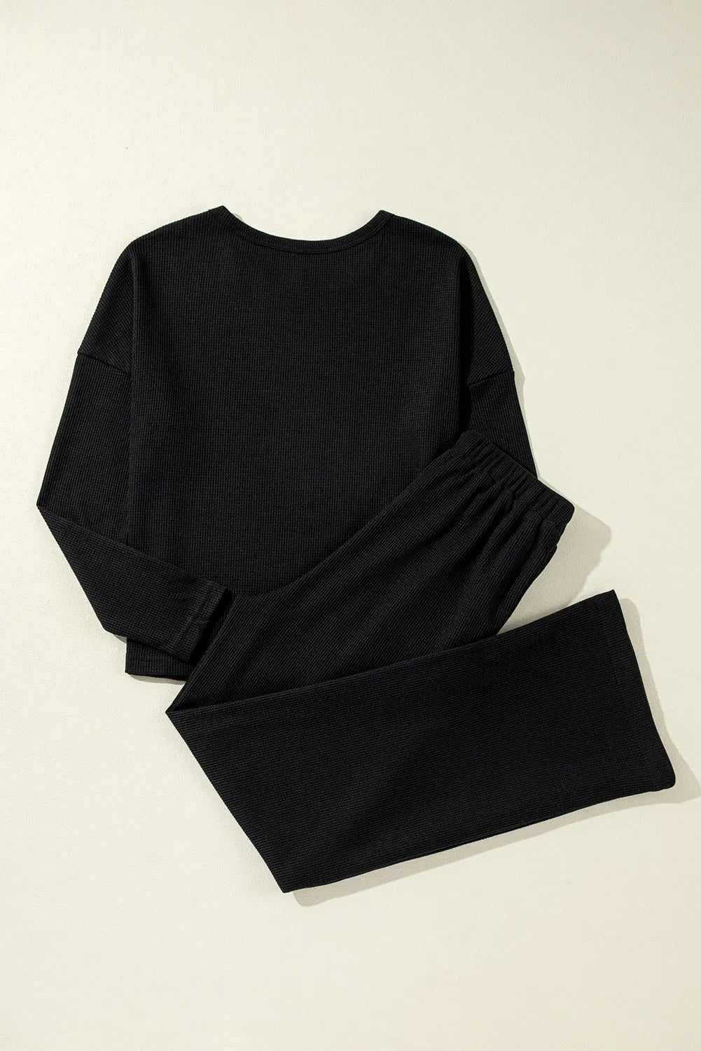 Round Neck Long Sleeve Top and Drawstring Pants Lounge Set - Black / S