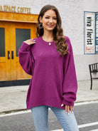 Round Neck Ribbed Trim Sweater - Fuchsia / S