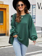 Round Neck Ribbed Trim Sweater - Green / S