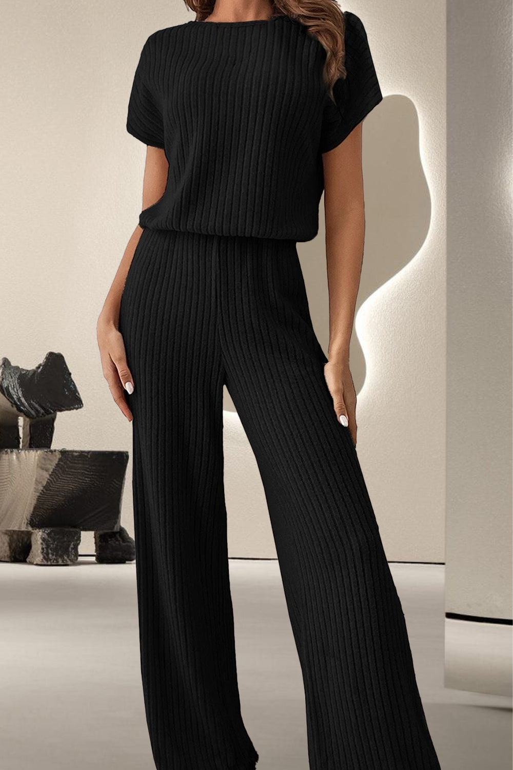 Round Neck Short Sleeve Jumpsuit - Black / S