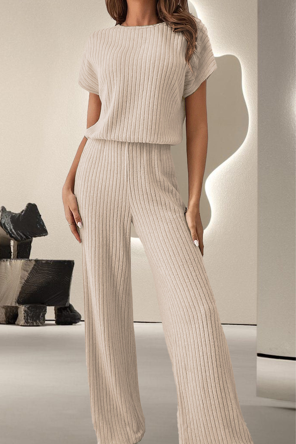 Round Neck Short Sleeve Jumpsuit - Cream / S