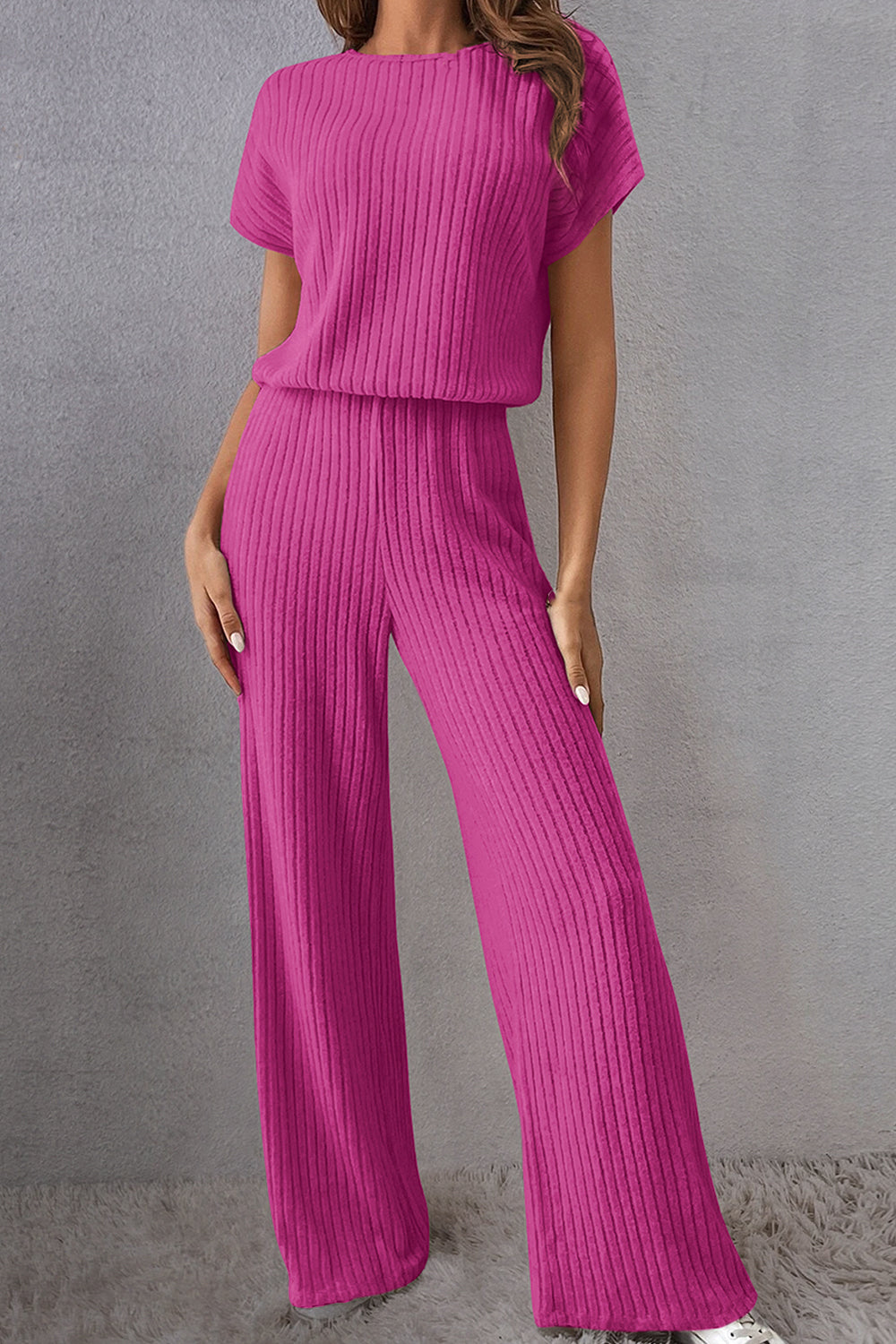 Round Neck Short Sleeve Jumpsuit - Hot Pink / S