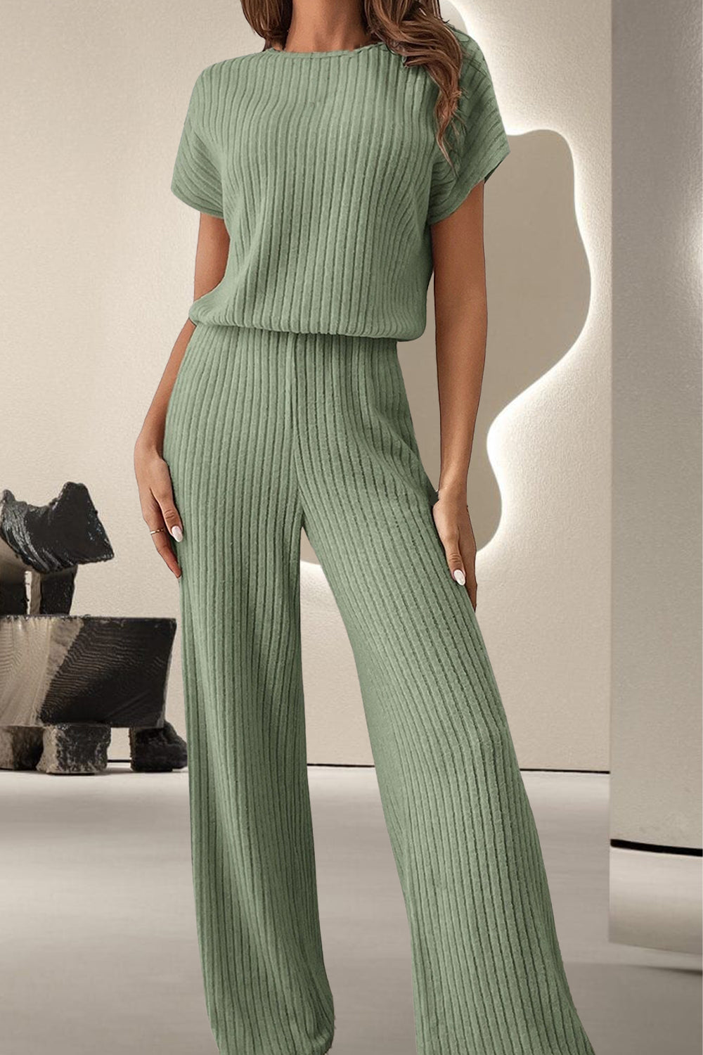 Round Neck Short Sleeve Jumpsuit - Sage / S