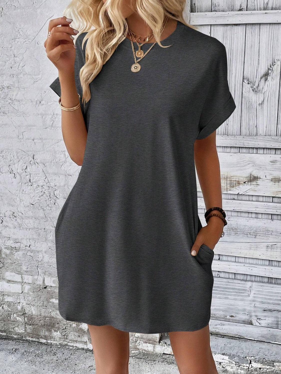 Round Neck Short Sleeve Mini Dress - Dark Gray / S