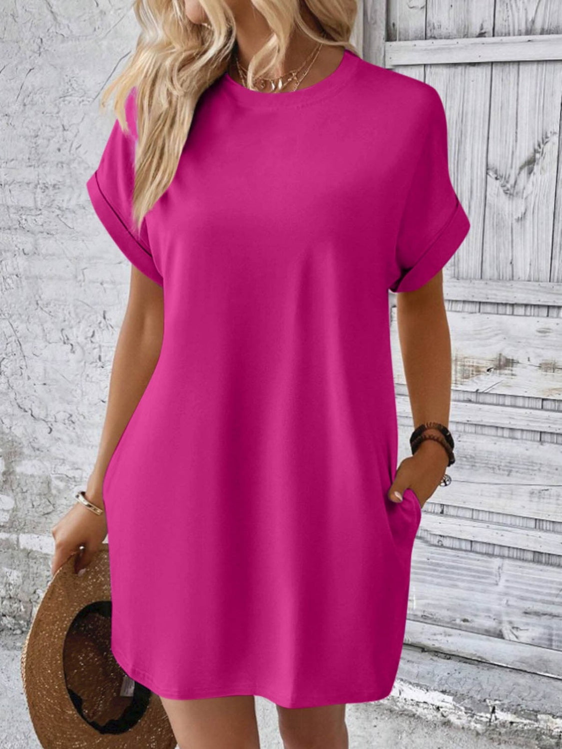 Round Neck Short Sleeve Mini Dress - Hot Pink / S