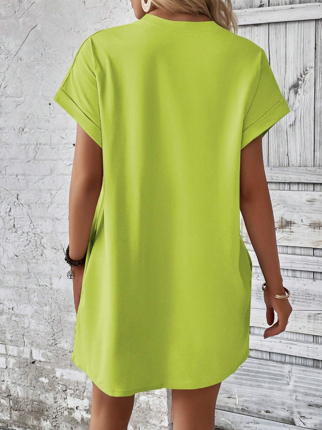 Round Neck Short Sleeve Mini Dress - Neon Green / S