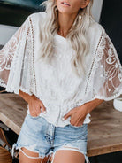 Round Neck Three-Quarter Sleeve Blouse - White / S