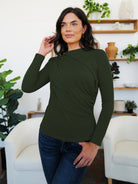 Ruched Mock Neck Long Sleeve T-Shirt - Army Green / S