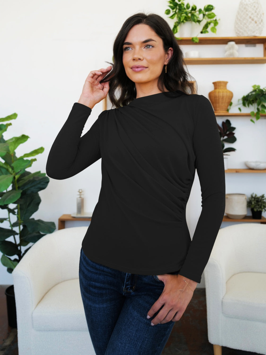 Ruched Mock Neck Long Sleeve T-Shirt - Black / S