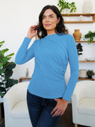 Ruched Mock Neck Long Sleeve T-Shirt - Cerulean / S