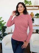 Ruched Mock Neck Long Sleeve T-Shirt - Dusty Pink / S