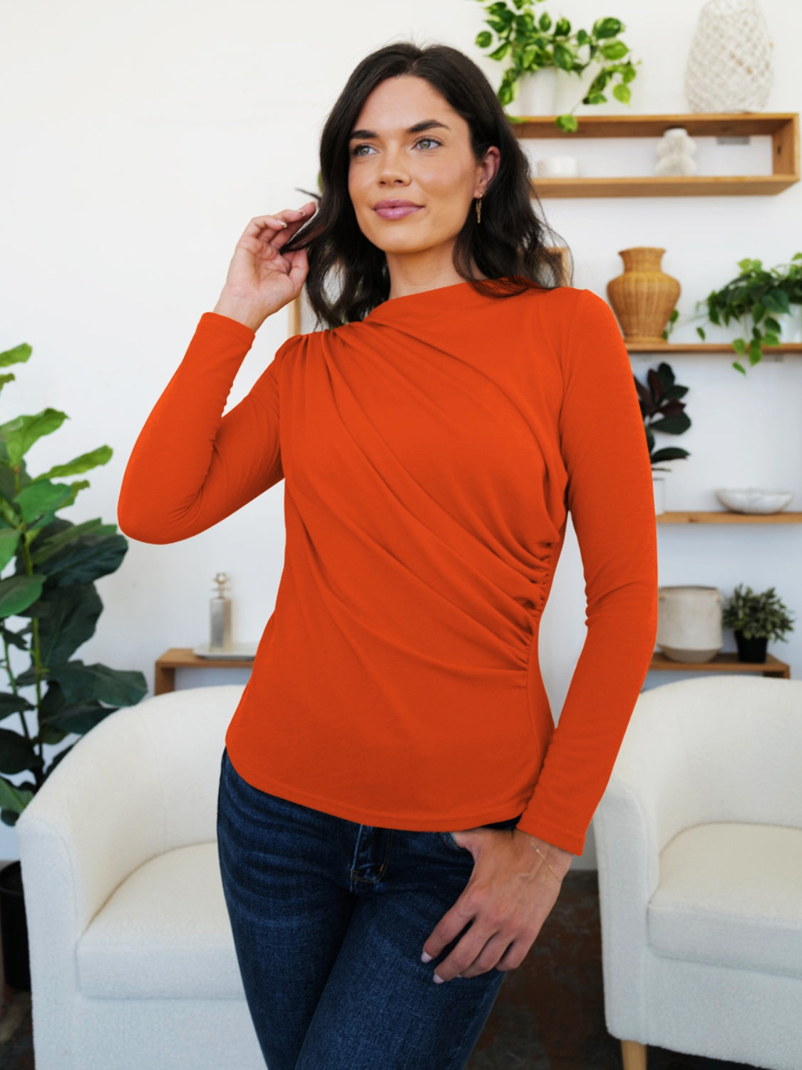 Ruched Mock Neck Long Sleeve T-Shirt - Terracotta / S