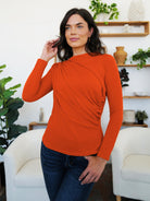 Ruched Mock Neck Long Sleeve T-Shirt - Terracotta / S