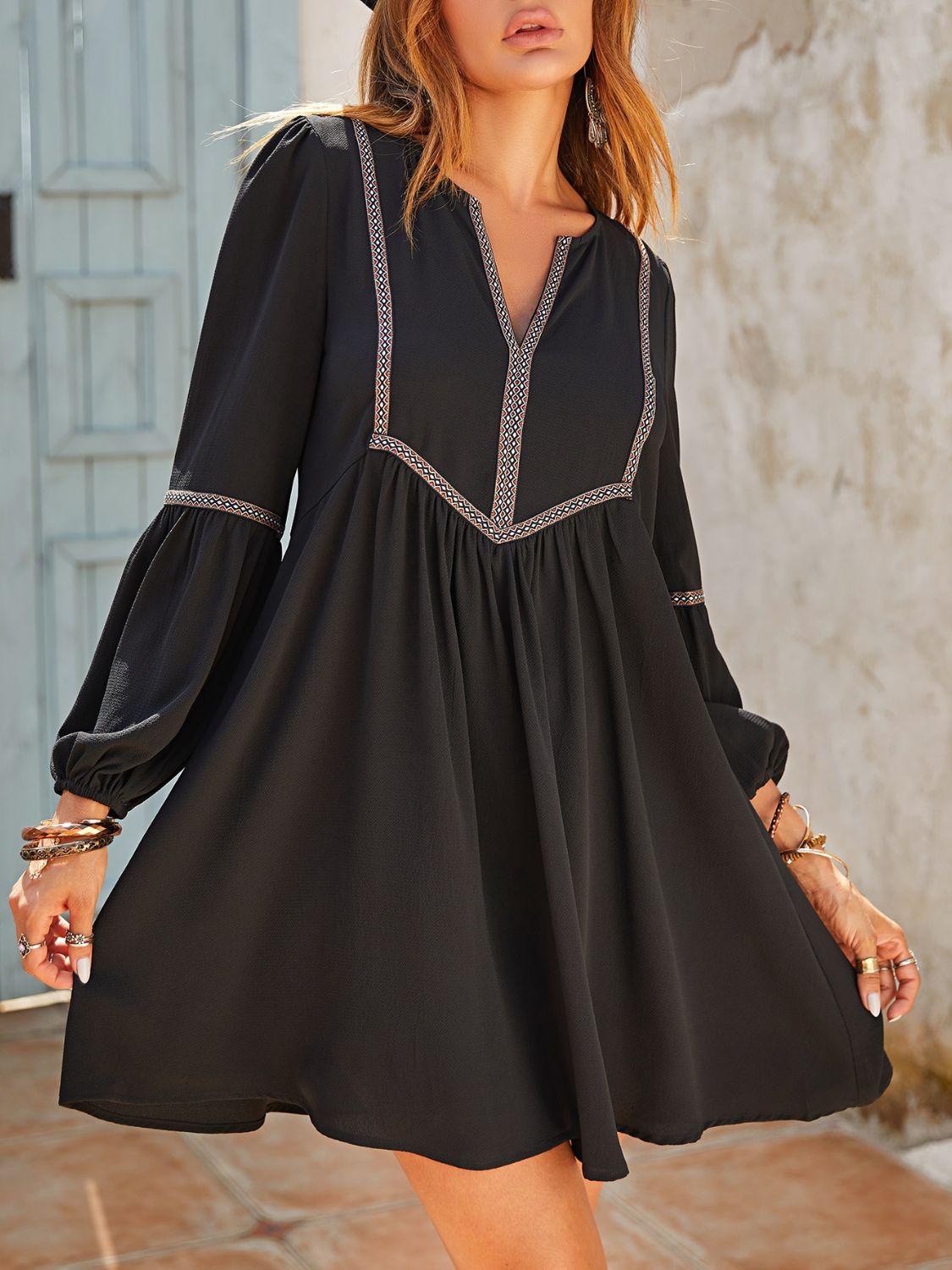 Ruched Notched Long Sleeve Mini Dress - Black / S