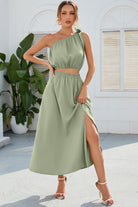 Ruched One Shoulder Top and Slit Skirt Set - Sage / S