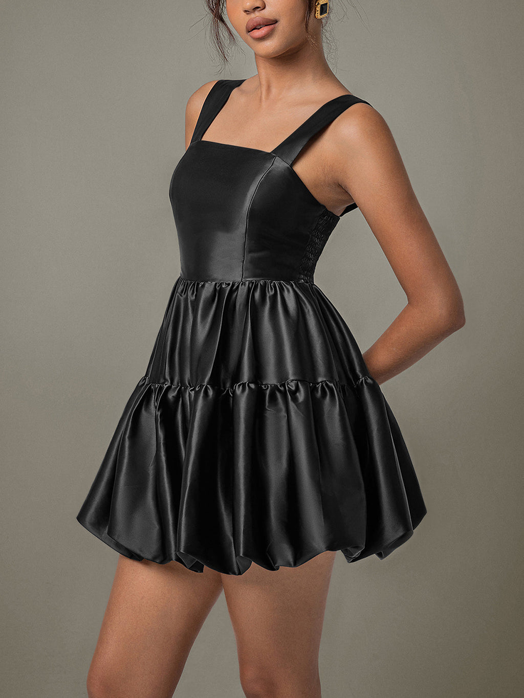 Ruched Square Neck Wide Strap Mini Dress - Black / S