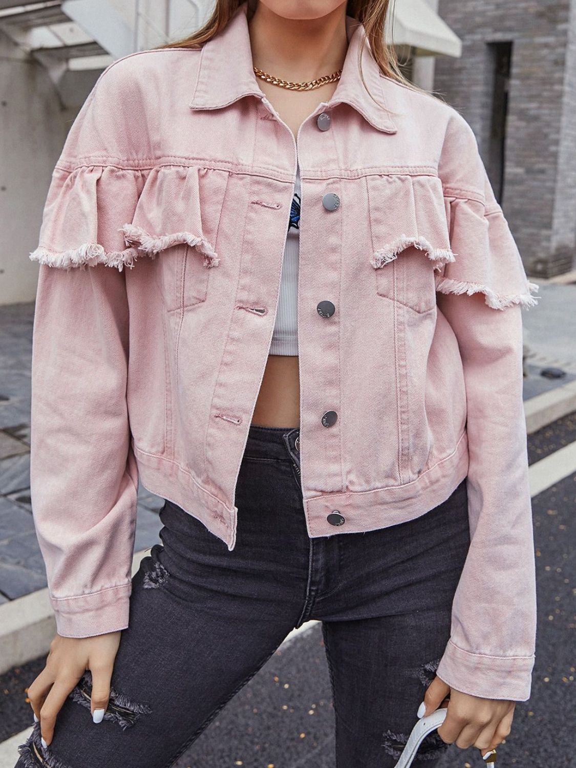Ruffled Collared Neck Long Sleeve Denim Top - Blush Pink / XS