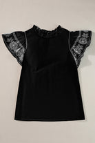 Ruffled Mock Neck Cap Sleeve Blouse - Black / S