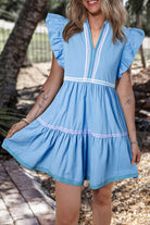 Ruffled Notched Cap Sleeve Mini Dress - Light Blue / S