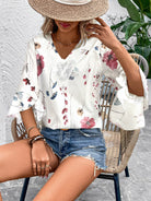 Ruffled Printed V-Neck Half Sleeve Blouse - Burgundy / S