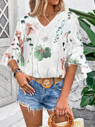 Ruffled Printed V-Neck Half Sleeve Blouse - Green / S