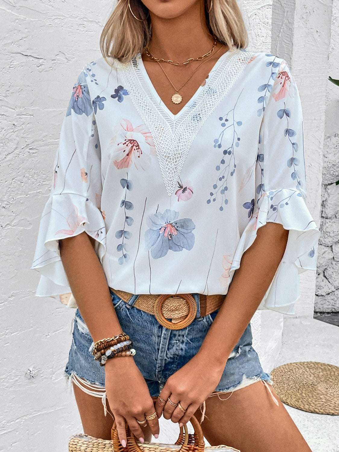 Ruffled Printed V-Neck Half Sleeve Blouse - White / S