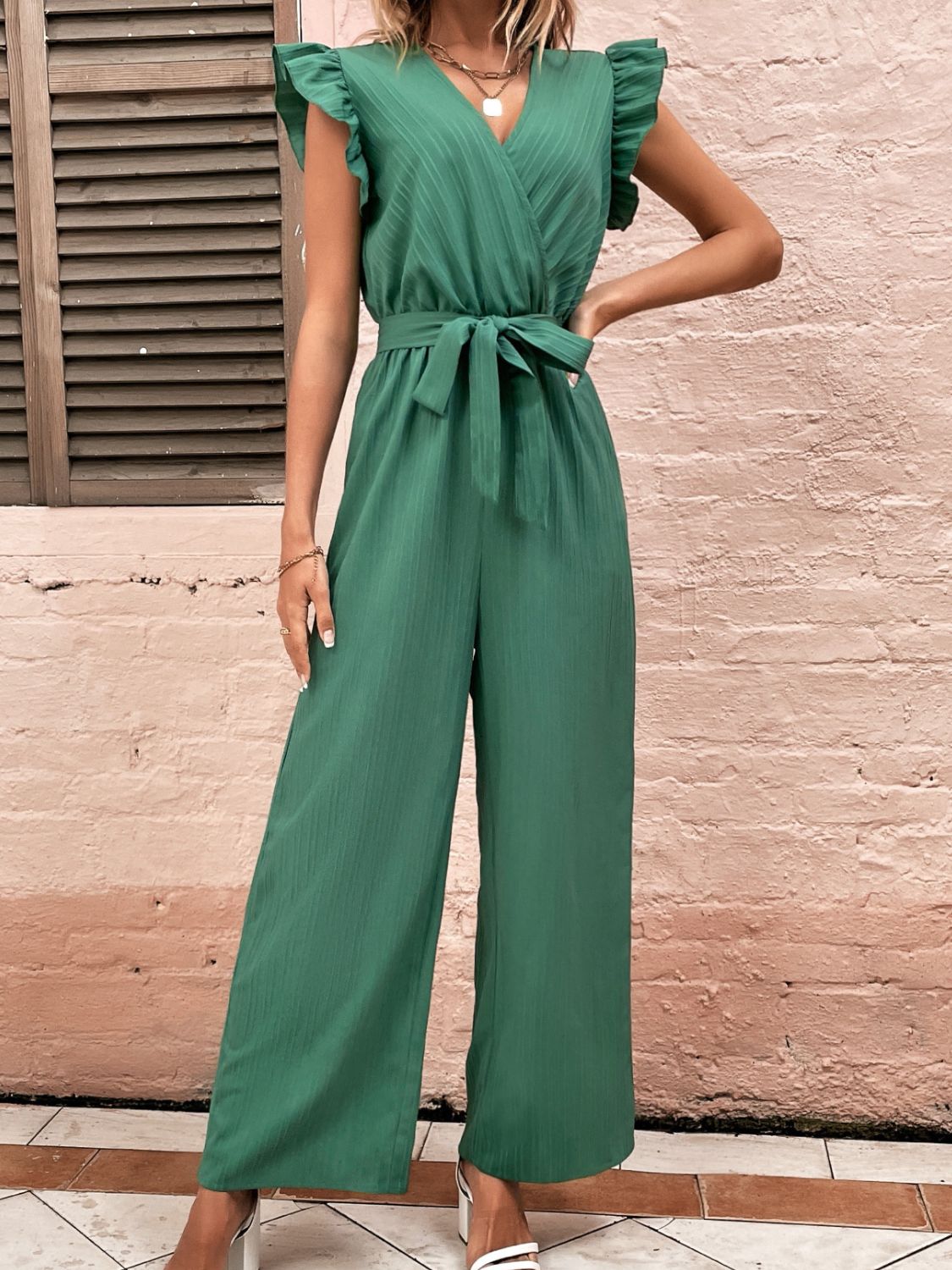 Ruffled Surplice Cap Sleeve Jumpsuit - Dark Green / S