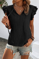 Ruffled Tie Neck Cap Sleeve Blouse - Black / S