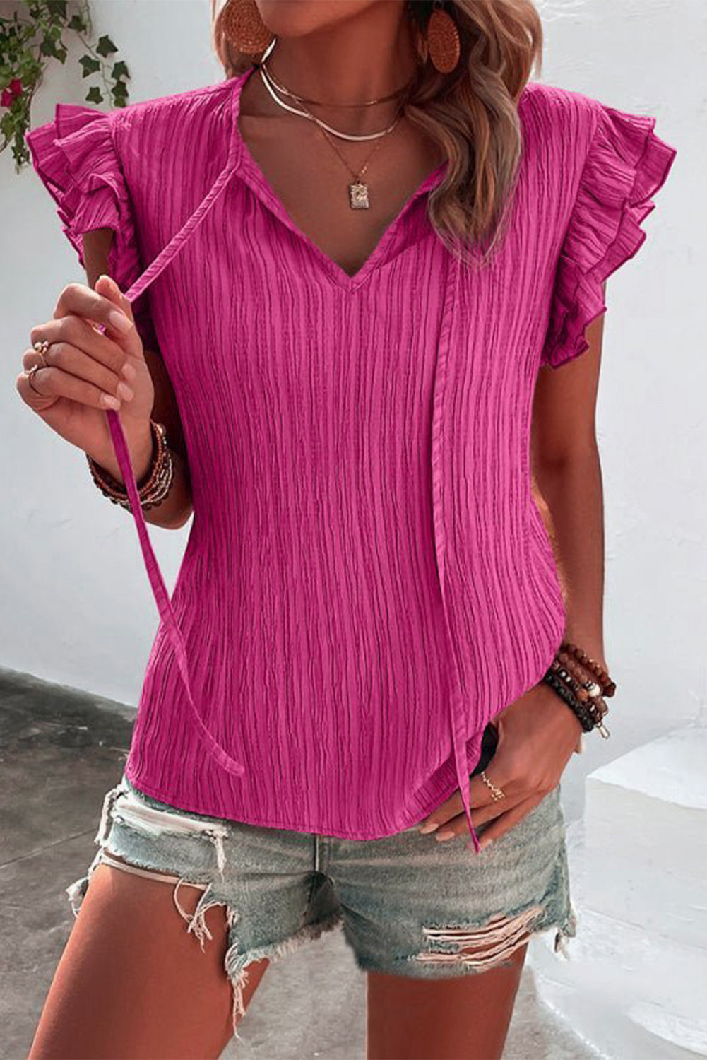 Ruffled Tie Neck Cap Sleeve Blouse - Deep Rose / S