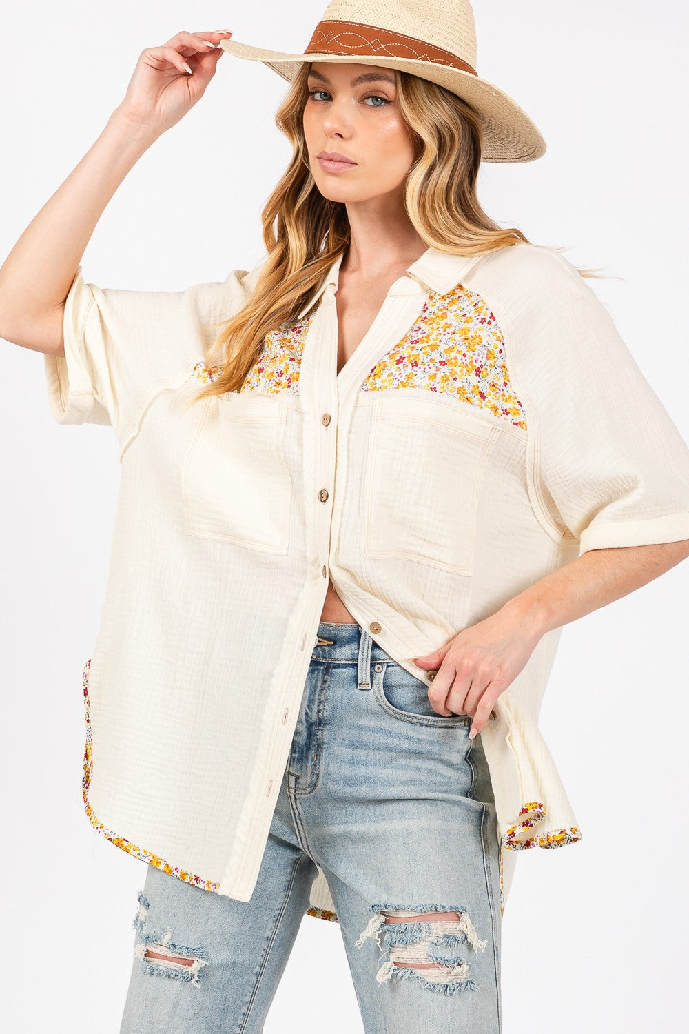 SAGE + FIG Full Size Floral Detail Button Up Short Sleeve Shirt - Ivory / S