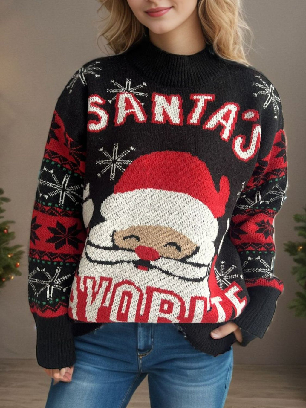 Santa Mock Neck Long Sleeve Sweater - Black / One Size