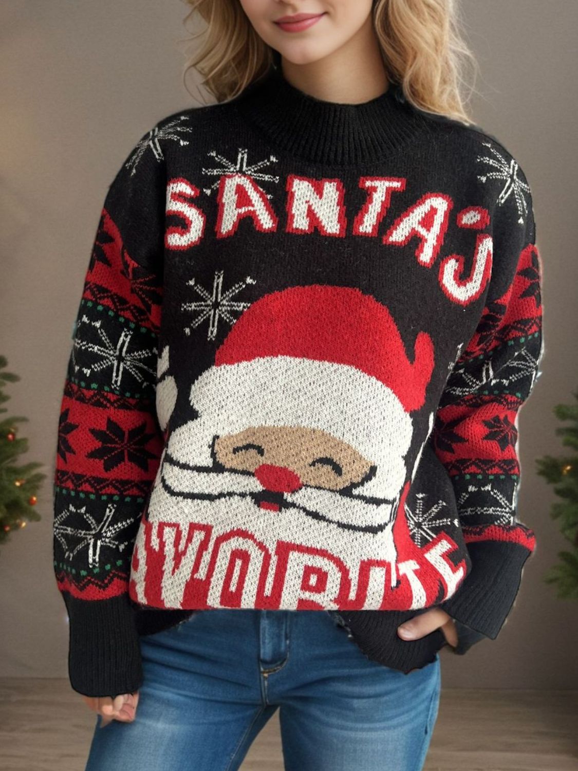 Santa Mock Neck Long Sleeve Sweater - Black / One Size