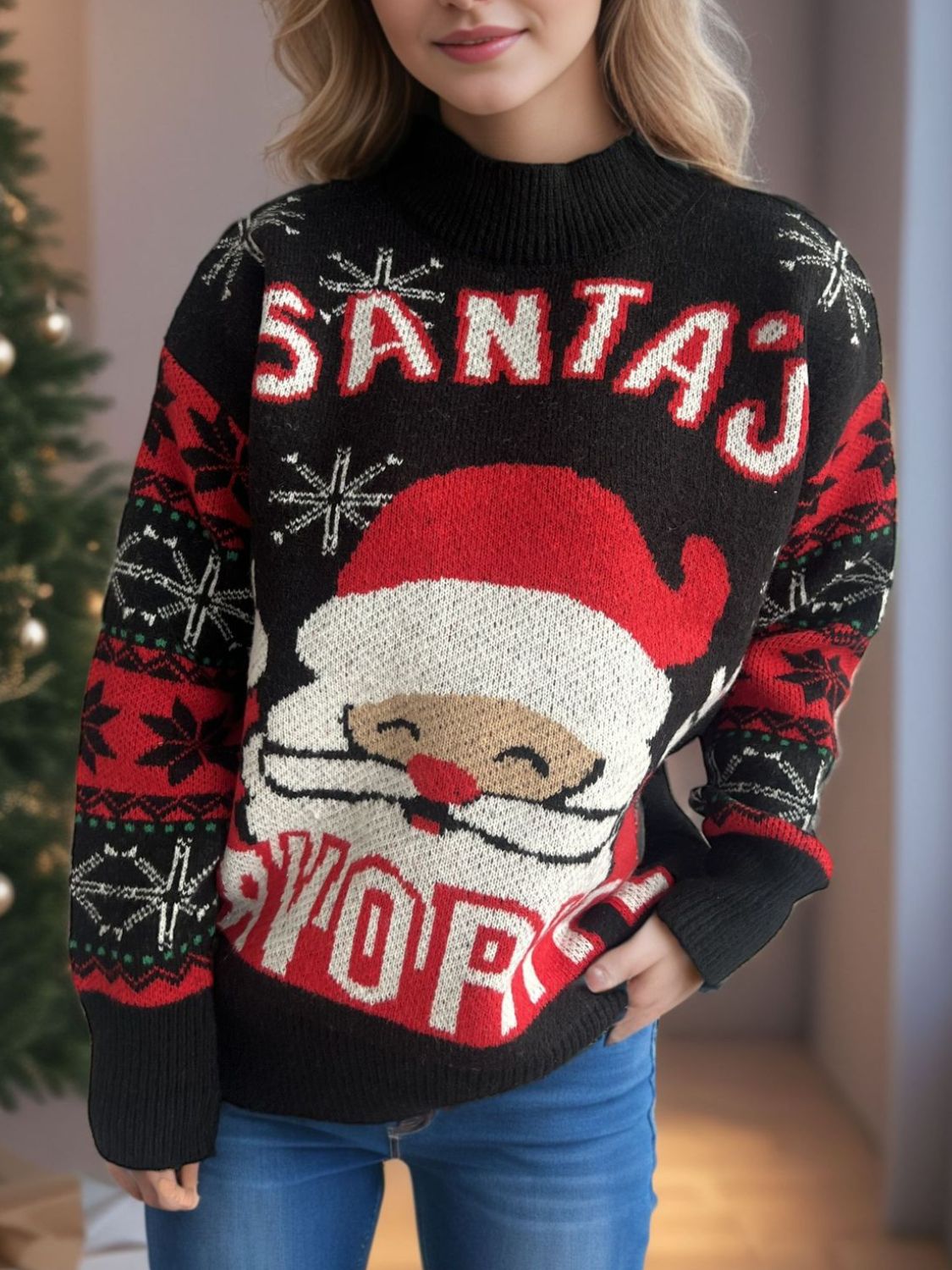 Santa Mock Neck Long Sleeve Sweater - Black / One Size