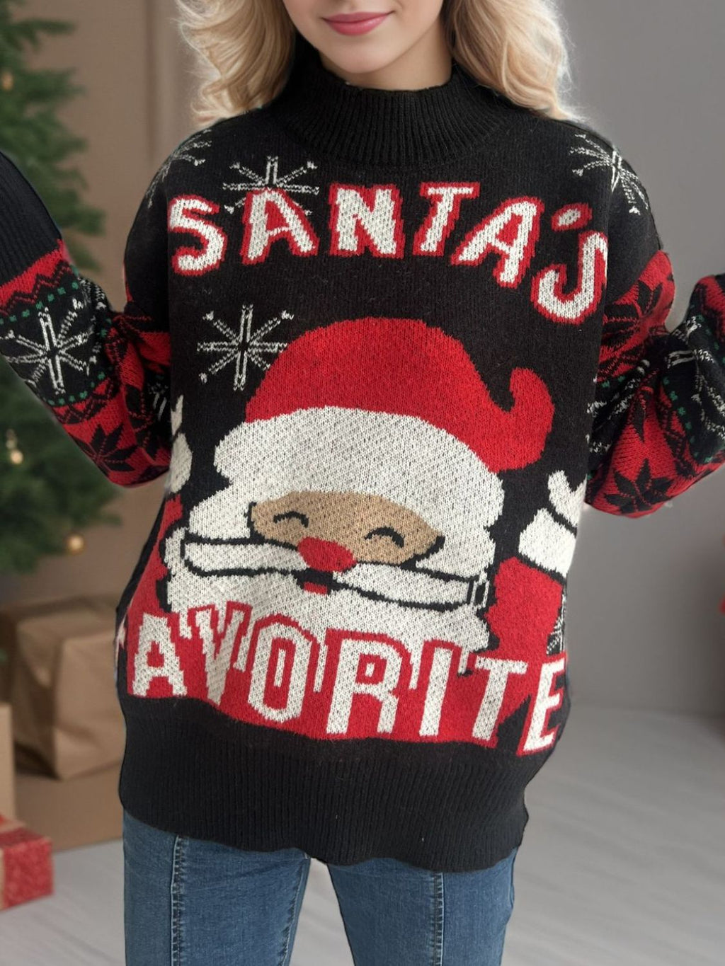 Santa Mock Neck Long Sleeve Sweater - Black / One Size