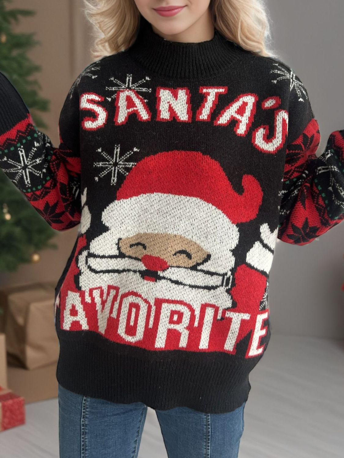 Santa Mock Neck Long Sleeve Sweater - Black / One Size