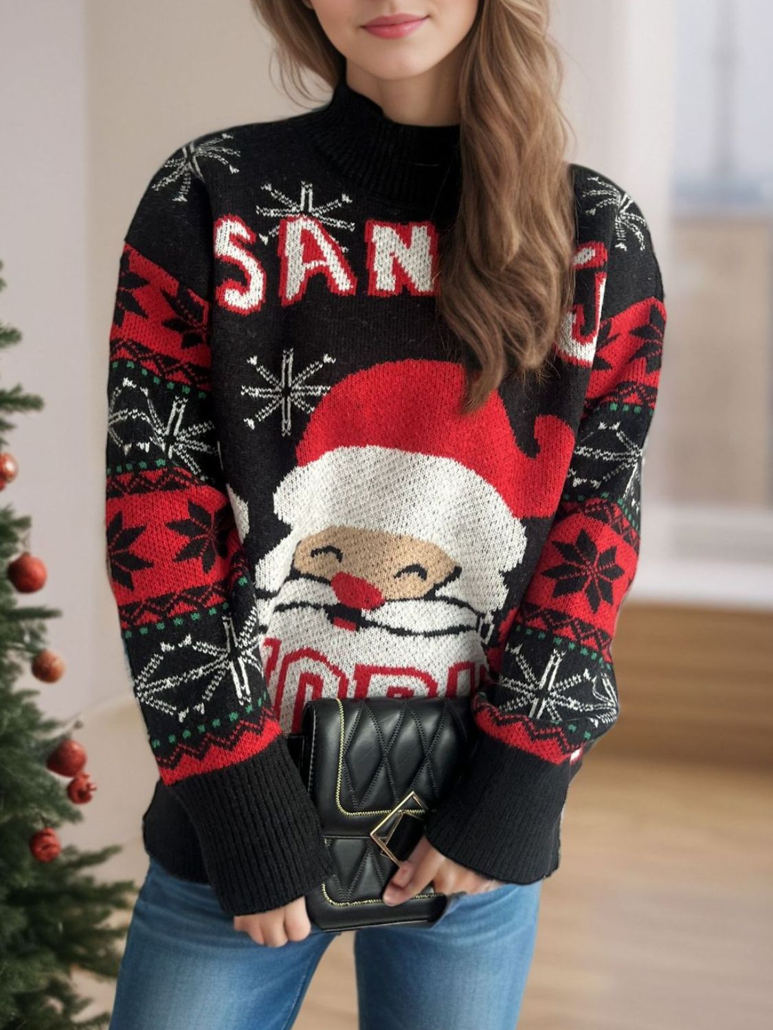 Santa Mock Neck Long Sleeve Sweater - Black / One Size