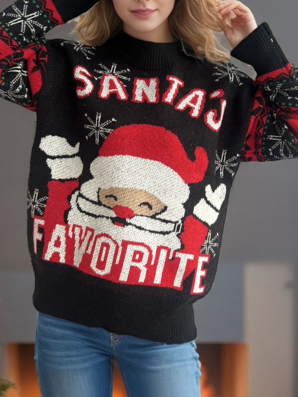 Santa Mock Neck Long Sleeve Sweater - Black / One Size