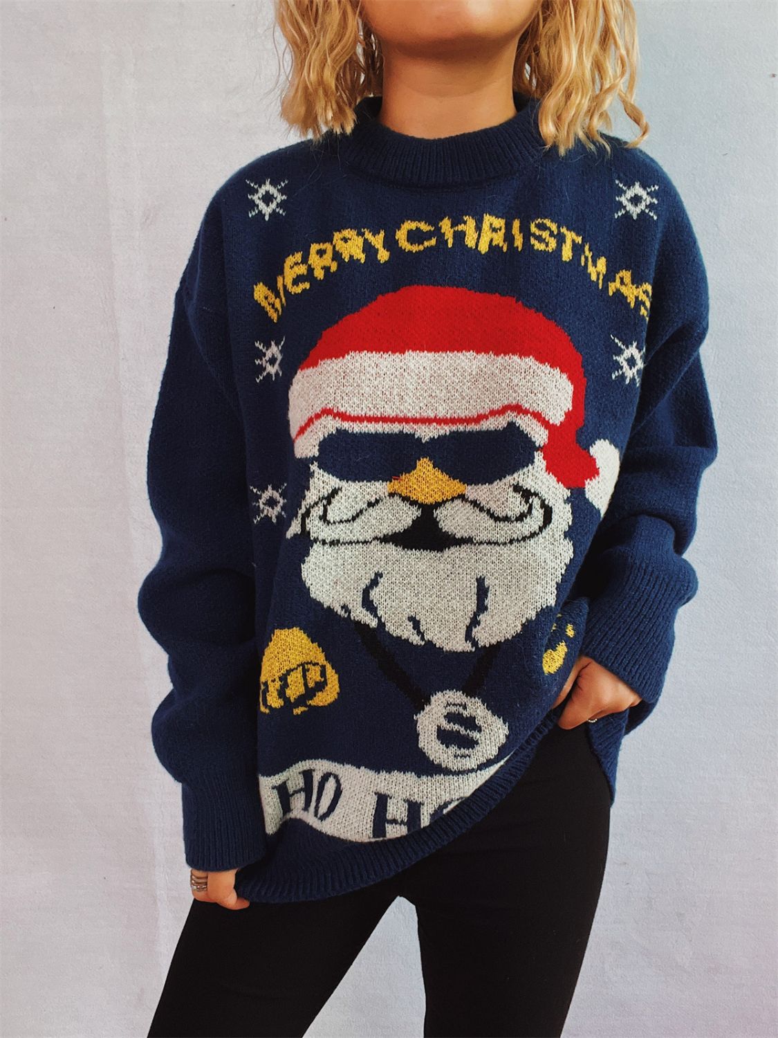 Santa Round Neck Long Sleeve Sweater - Dark Blue / S